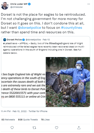 Chris Loder's tweet Dorset is not the place for eagles to be reintroduced. I'm not challenging government for more money for Dorset so it goes on this. I don't condone this at all but I want @dorsetpolice to focus on #countylines ratehr than spend time and resources on this